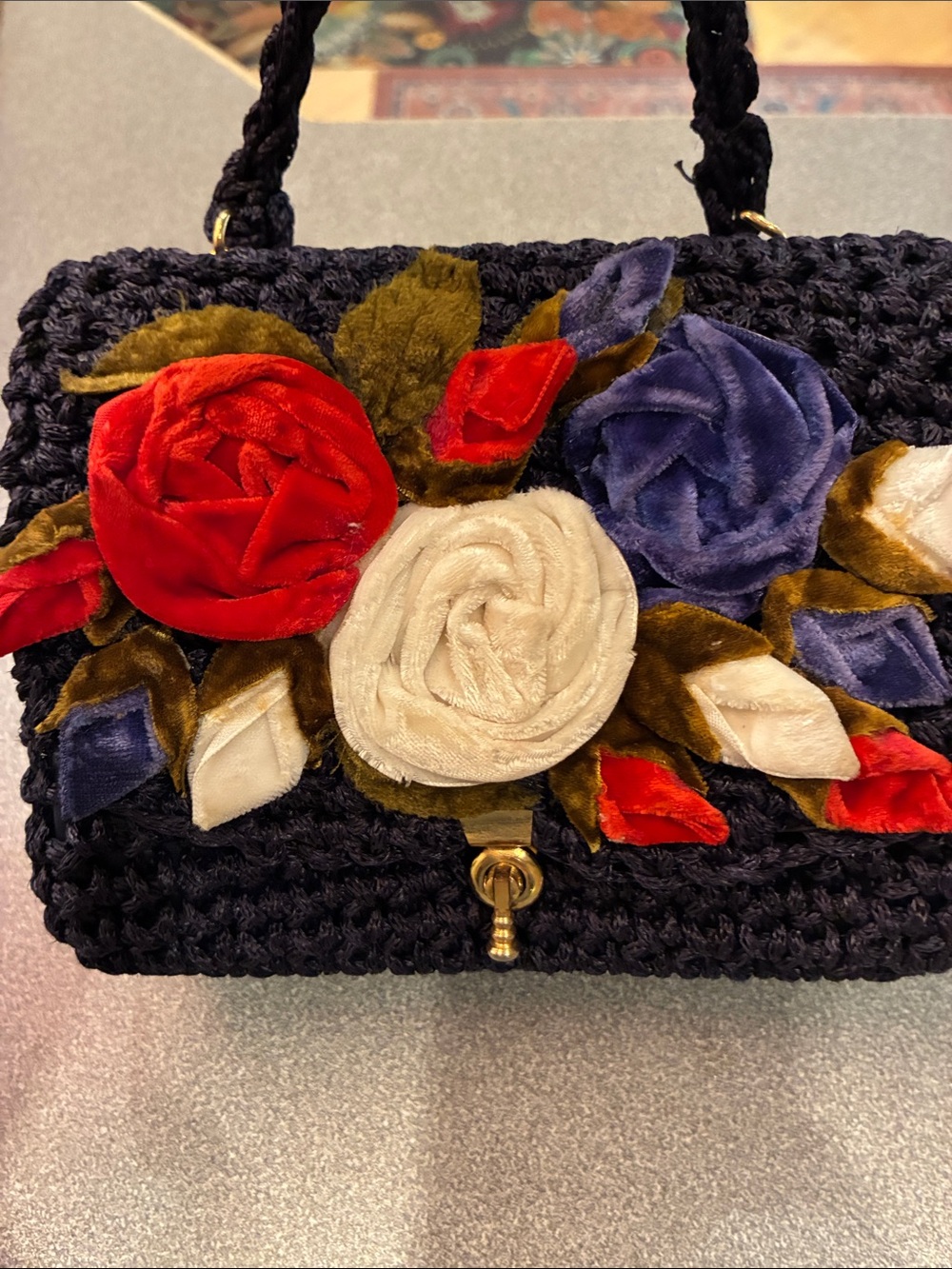 Woven Black Shoulder Bag with Red, Blue and Cream Velvet Floral Appliqué